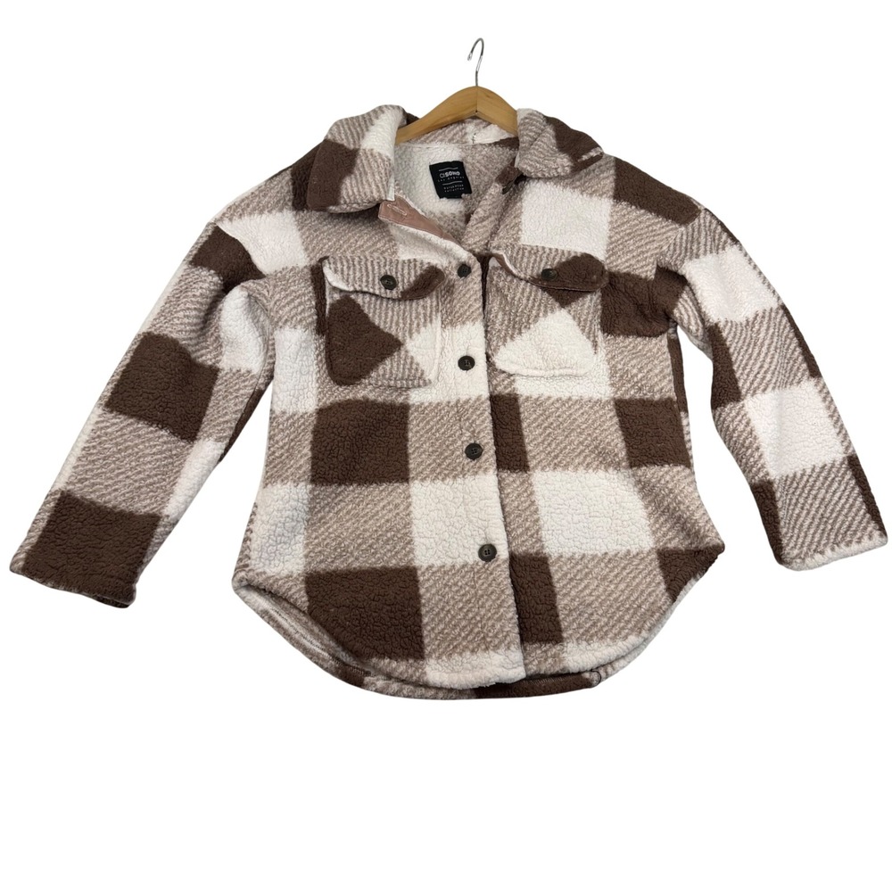 Cisono Los Angeles Taupe Buffalo Plaid Sherpa Shacket Jacket FJK191 Womens Large